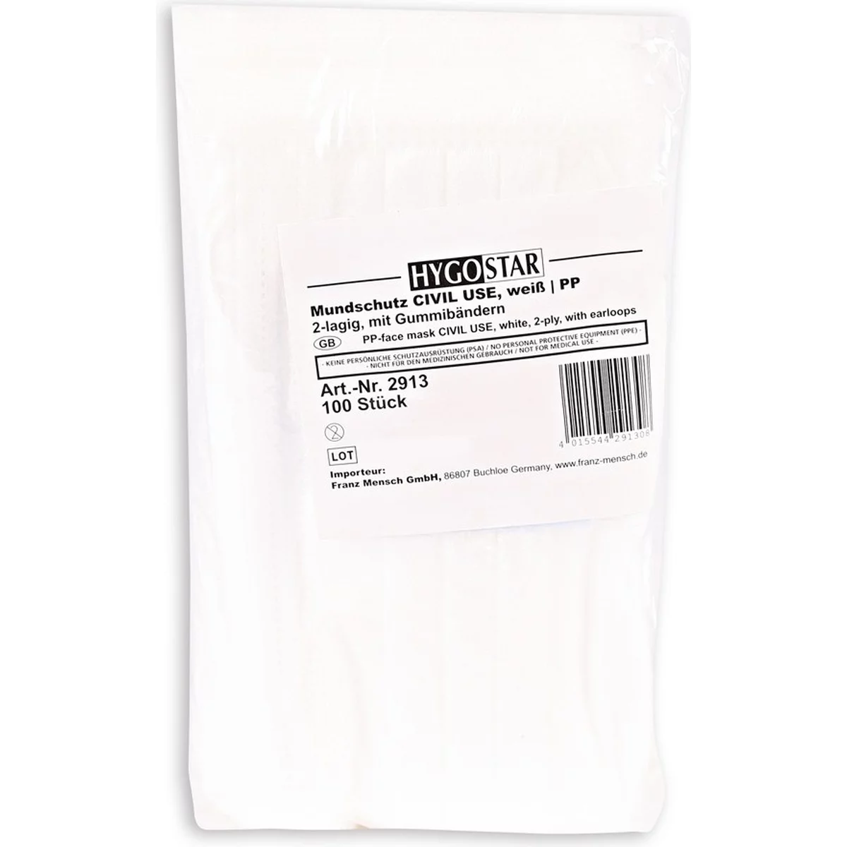 Mundschutz Mit Gummibändern, 2-lagig - Hygostar - 2913 1 Mundschutz Mit Gummibändern, 2-lagig - Hygostar - 2913